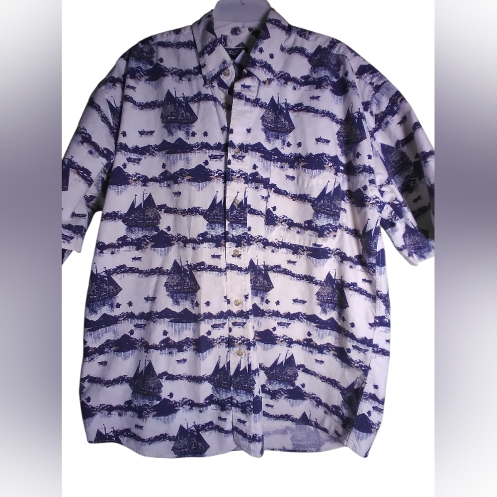 Nautical Print Button-Up Shirt in White and Navy 100% Cotton Short Sleeve Size L